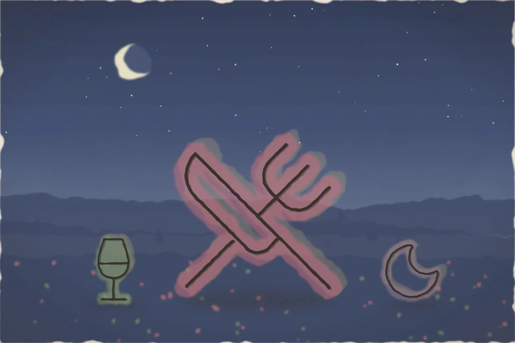 Cină la lumina lumânărilor în foișorul din livadă (ilustrație)
