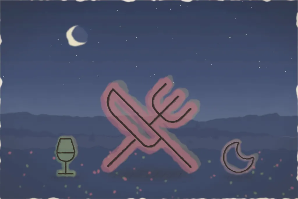 Cină la lumina lumânărilor în foișorul din livadă (ilustrație)